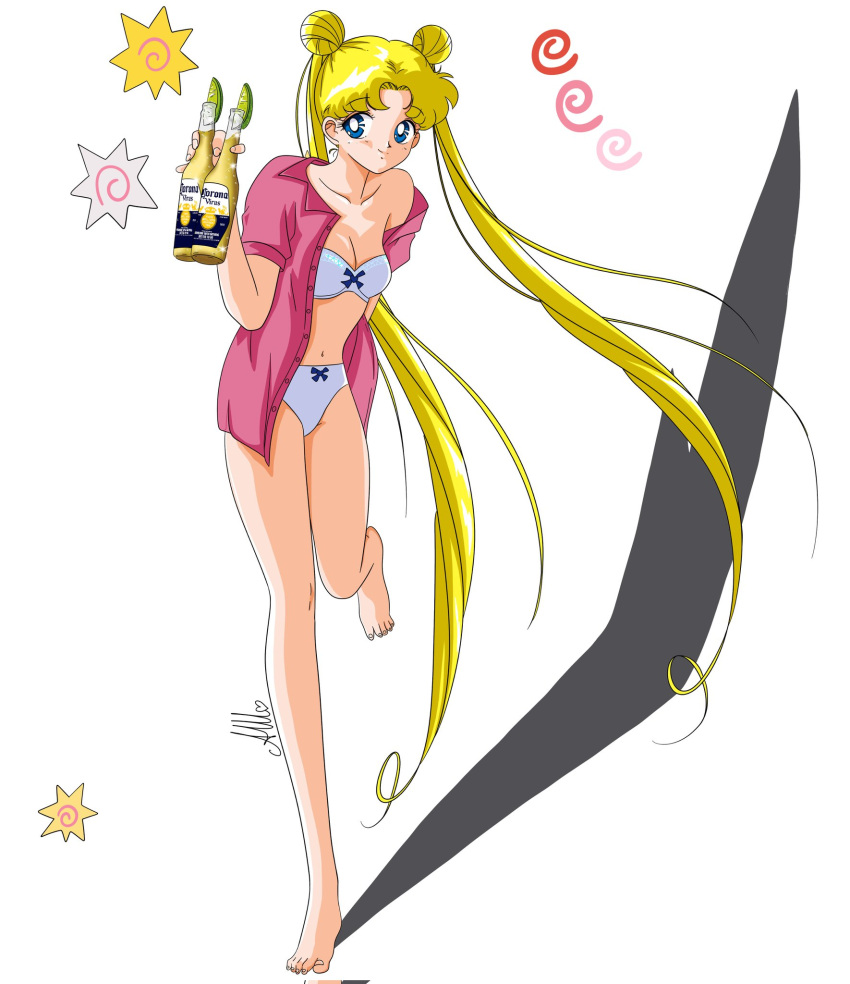1girl alcohol anello81 bare_shoulders barefoot beer bishoujo_senshi_sailor_moon blonde_hair blue_eyes bottle breasts corona_(brand) feet full_body highres lingerie long_hair medium_breasts open_clothes open_shirt short_sleeves smile standing standing_on_one_leg tsukino_usagi twintails underwear very_long_hair white_background