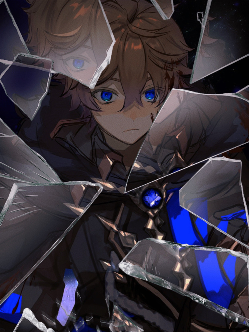 1boy absurdres ahoge black_background blood blood_in_hair blood_on_face blue_cape blue_eyes blue_gemstone broken_glass brown_hair cape closed_mouth collared_shirt gem genshin_impact glass gold_trim grey_jacket hair_between_eyes highres jacket long_sleeves looking_at_viewer male_focus plus_q red_shirt shirt short_hair simple_background solo standing tartaglia_(genshin_impact) vision_(genshin_impact)