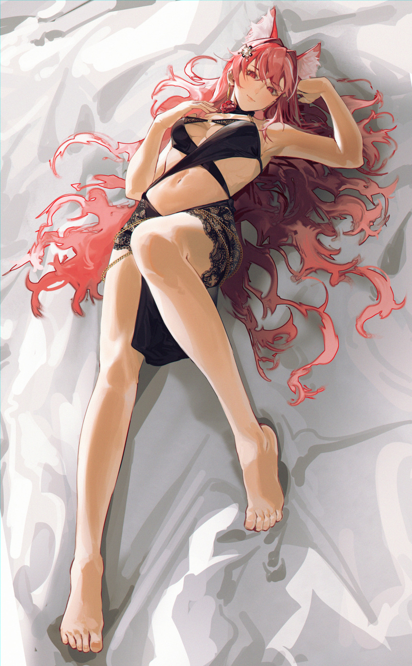 1girl absurdres animal_ear_fluff animal_ears arknights barefoot black_dress breasts clothing_cutout dress earrings extra_ears hair_ornament highres jewelry looking_at_viewer lufi_ays lying medium_breasts navel on_back pink_eyes pink_hair pozyomka_(arknights) solo stomach stomach_cutout underboob wolf_ears wolf_girl