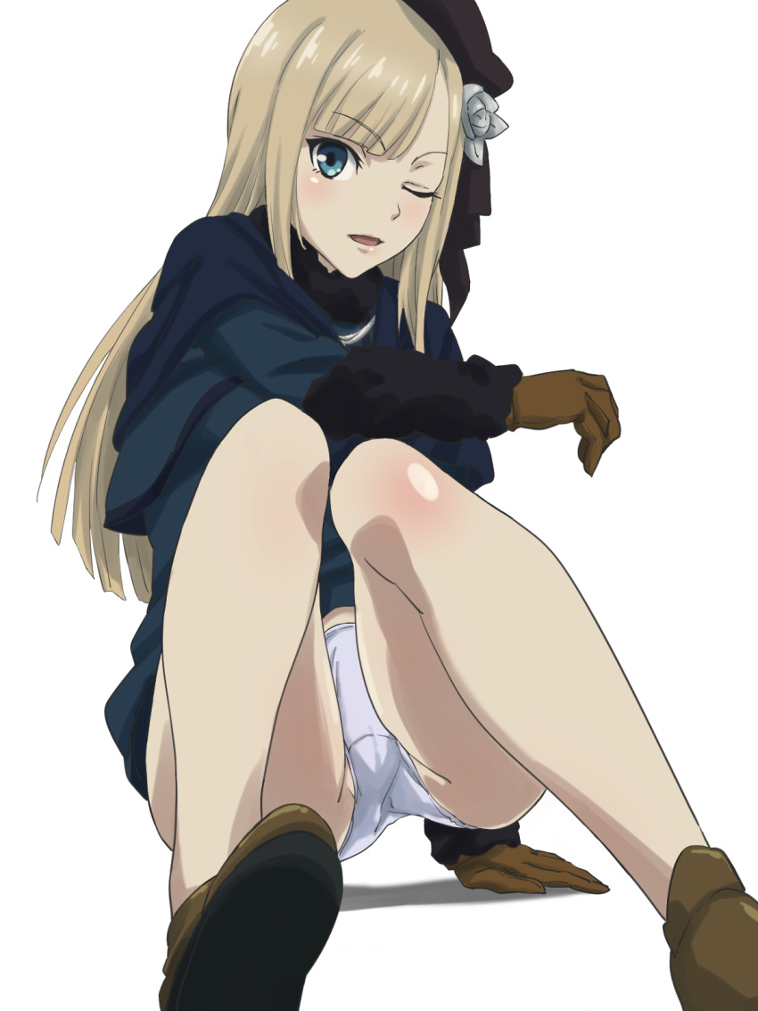 1girl ;d ass bangs bare_legs black_headwear blonde_hair blue_capelet blue_jacket brown_footwear brown_gloves capelet commentary_request fate_(series) flower fur-trimmed_jacket fur_collar fur_trim gloves grey_flower hair_flower hair_ornament highres jacket knees_up long_hair lord_el-melloi_ii_case_files nomanota one_eye_closed panties reines_el-melloi_archisorte shiny_skin shoes simple_background smile solo underwear white_background white_panties