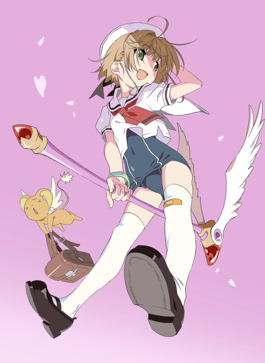 1girl antenna_hair arm_behind_head arm_up backpack bag bandaid bandaid_on_leg blue_one-piece_swimsuit bracelet brown_bag brown_footwear cardcaptor_sakura covered_navel dot_nose flipped_hair flying full_body green_eyes highres holding holding_staff jewelry kero kinomoto_sakura light_brown_hair looking_to_the_side mary_janes medium_hair neckerchief one-piece_swimsuit open_mouth petals pink_background randoseru red_neckerchief sailor_collar school_swimsuit shirt shoes short_sleeves sidelocks simple_background smile solo staff staff_riding straight_hair swimsuit thighhighs watanabe_akio white_sailor_collar white_shirt white_thighhighs white_wings winged_staff wings