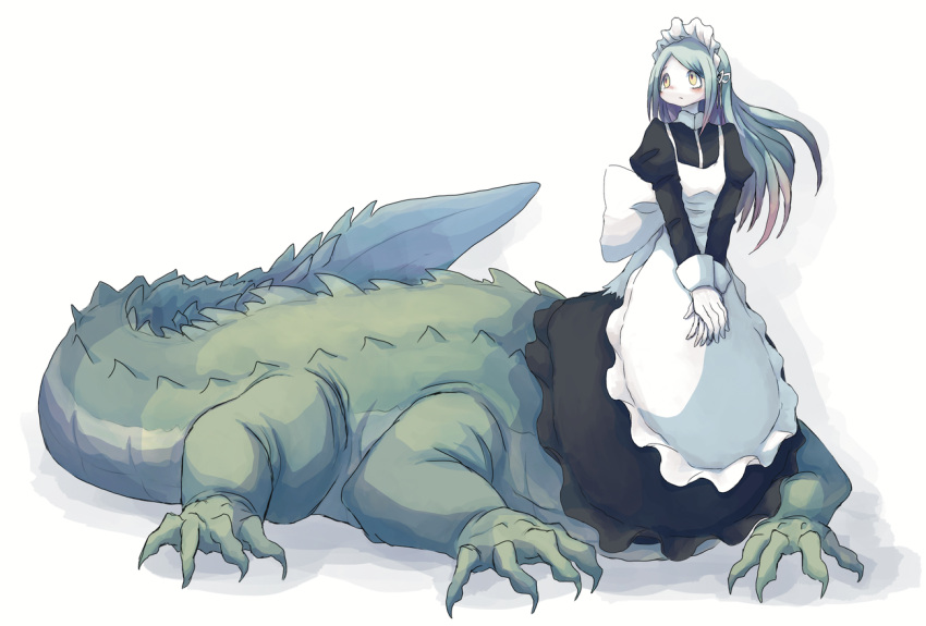 2021 5_fingers apron clothing crocodile crocodile_taur crocodilian crocodilian_taur crocodylid crocodylid_taur female fingers gloves green_body green_hair hair handwear looking_up maid_headdress maid_uniform reptile reptile_taur scalie scalie_taur simple_background solo tail taur uniform white_apron white_background white_clothing white_gloves white_handwear whitechip