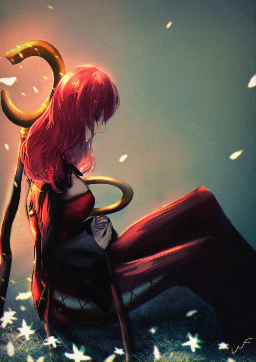 1girl breasts cleavage closed_eyes dress flower grass highres knees_up long_hair long_sleeves nier nier_(series) on_ground own_hands_together popola red_hair sitting solo staff unf_(unotfound_404) wide_sleeves