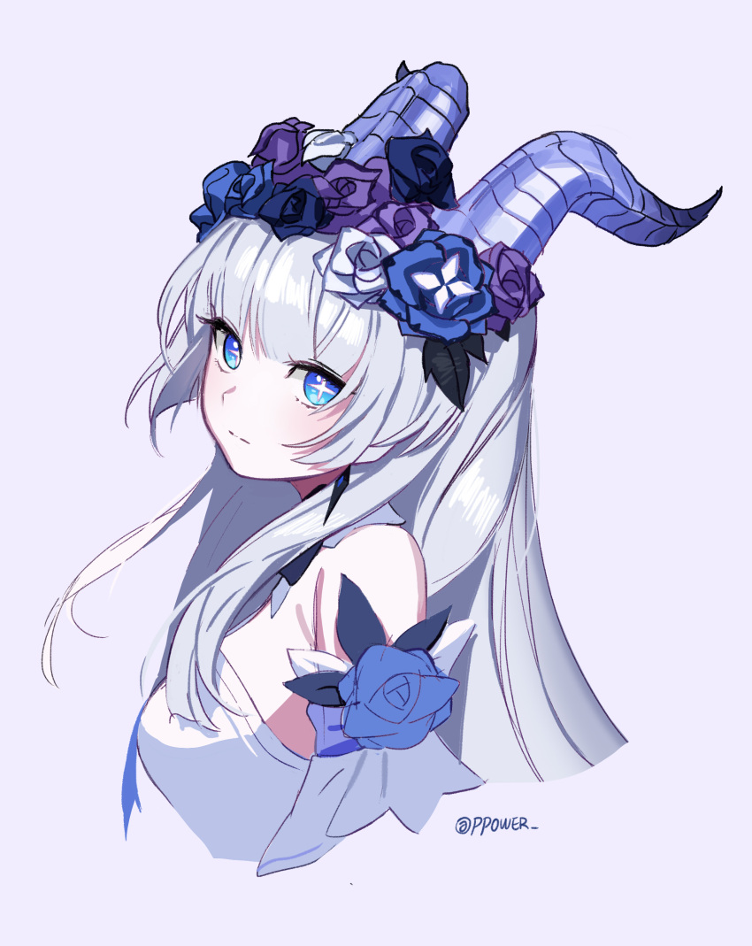 1girl bare_shoulders blue_eyes blunt_bangs detached_sleeves elsword expressionless grey_background head_tilt head_wreath highres horns looking_at_viewer luciela_r._sourcream ppower_(lu_power) sidelocks sleeveless solo star-shaped_pupils star_(symbol) symbol-shaped_pupils turning_head twitter_username upper_body white_hair