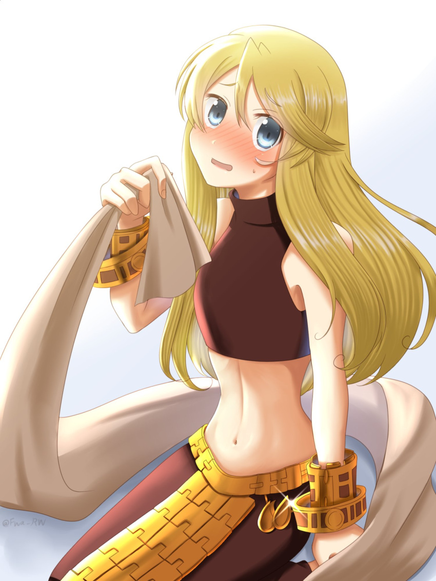 1girl blonde_hair blue_eyes blush dancer dancer_(fft) final_fantasy final_fantasy_tactics flat_chest fwa_rw highres jewelry looking_at_viewer midriff monochrome navel on_floor scared simple_background solo stomach