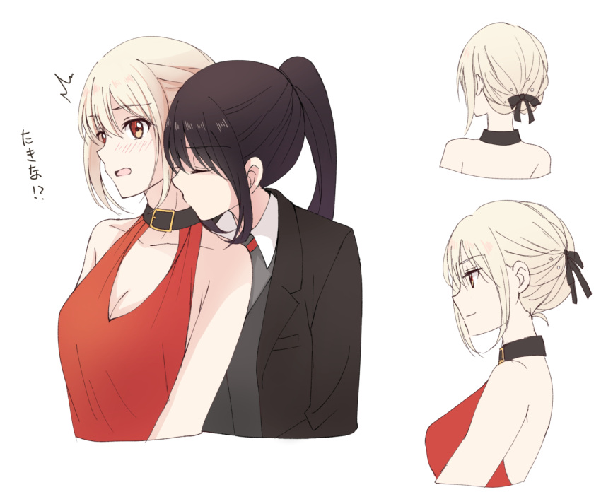 2girls bare_arms bare_shoulders belt belt_buckle belt_collar black_belt black_hair black_ribbon blonde_hair blush breasts buckle cleavage closed_eyes collar collared_shirt commentary_request hair_ribbon hair_up highres inoue_takina kiss kissing_neck lapels long_sleeves lycoris_recoil misuzu_(iridescence) multiple_girls nishikigi_chisato notched_lapels open_mouth orange_eyes ponytail profile ribbon shirt sleeveless upper_body white_background