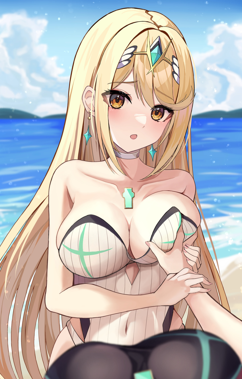 2girls :o absurdres bare_shoulders blonde_hair blush breasts chest_jewel cleavage covered_navel earrings female_pov gem grabbing grabbing_another's_breast groping guided_breast_grab guiding_hand hair_ornament headpiece highres jewelry kaede_(maple4rt) large_breasts long_hair looking_at_viewer multiple_girls mythra_(radiant_beach)_(xenoblade) one-piece_swimsuit open_mouth pov pyra_(pro_swimmer)_(xenoblade) pyra_(xenoblade) strapless strapless_swimsuit swept_bangs swimsuit tiara very_long_hair white_one-piece_swimsuit xenoblade_chronicles_(series) xenoblade_chronicles_2 yellow_eyes yuri