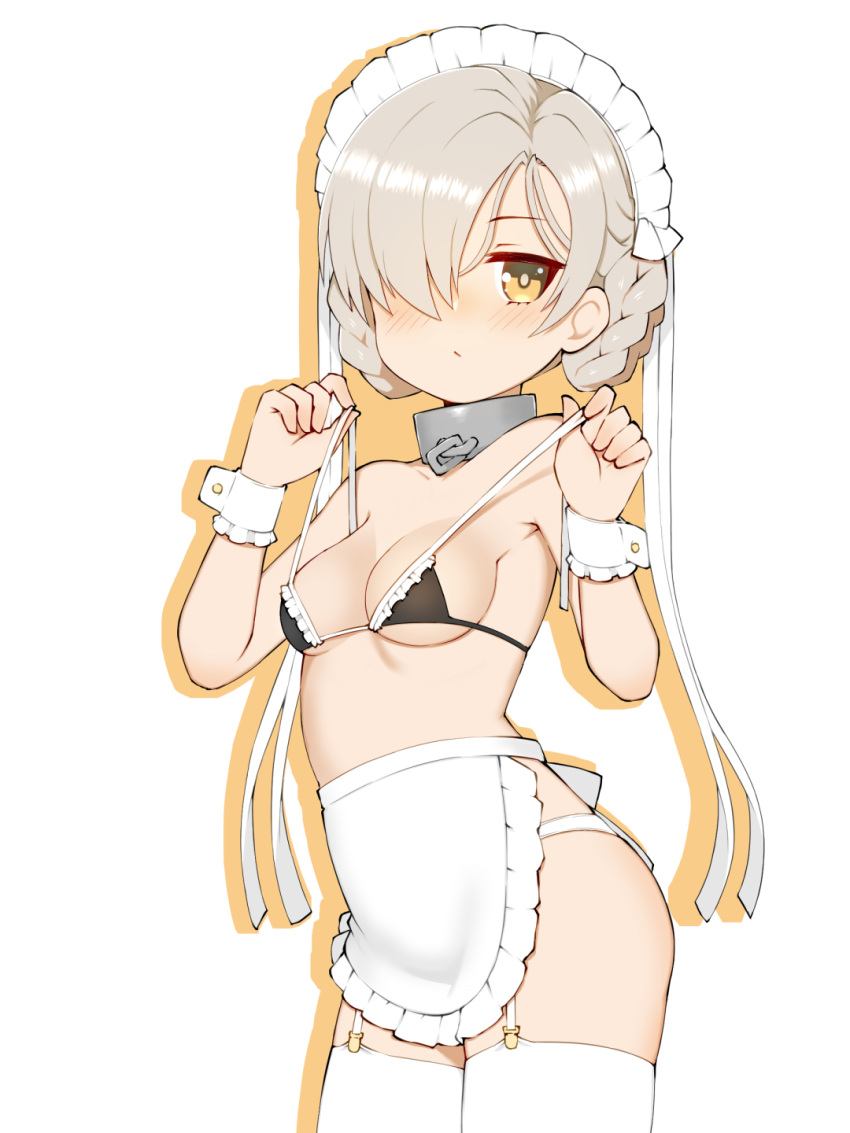 1girl apron azur_lane bare_shoulders bikini blush breasts cap105 chain closed_mouth collar cowboy_shot garter_belt garter_straps hair_over_one_eye hair_rings hands_up highres light_brown_hair looking_at_viewer maid maid_bikini maid_headdress orange_outline sheffield_(azur_lane) simple_background small_breasts solo swimsuit thighhighs unconventional_maid white_apron white_background white_garter_belt white_garter_straps white_thighhighs white_wrist_cuffs yellow_eyes