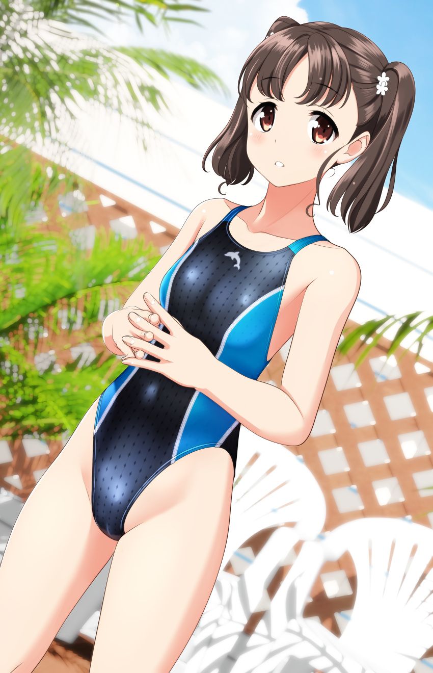 1girl absurdres black_hair black_one-piece_swimsuit breasts brown_eyes chair commentary_request competition_swimsuit covered_navel dutch_angle fence groin high_school_fleet highres looking_at_viewer one-piece_swimsuit own_hands_clasped own_hands_together parted_lips shiretoko_rin short_hair small_breasts solo swimsuit takafumi twintails two-tone_swimsuit