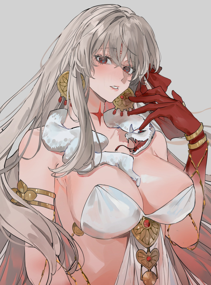 1girl absurdres armlet bare_shoulders belly_chain blush body_markings bracelet breasts cleavage collarbone colored_skin durga_(fate) earrings facial_mark fate/grand_order fate_(series) forehead_mark gradient_skin grey_hair hair_ribbon highres jewelry large_breasts long_hair looking_at_viewer pelvic_curtain red_eyes red_skin revealing_clothes ribbon sash snake solo thumb_ring very_long_hair yurumawari