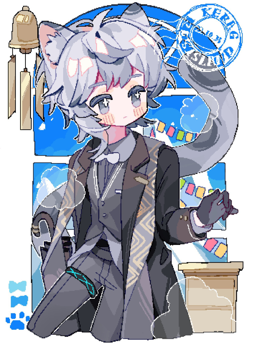 1boy animal_ear_fluff animal_ears arknights black_coat black_gloves blue_sky blush bow bowtie chinese_commentary coat collared_shirt commentary_request cropped_legs desk dust_cloud formal gloves grey_eyes grey_hair grey_pants grey_shirt grey_suit grey_vest highres infection_monitor_(arknights) leopard_boy leopard_ears leopard_tail looking_to_the_side male_focus pants paw_print pixelated saucer_(saucer752) shirt short_hair silverash_(arknights) silverash_(york's_bise)_(arknights) single_sidelock sky solo stamp_mark suit tail umbrella vest white_bow white_bowtie wind_chime window