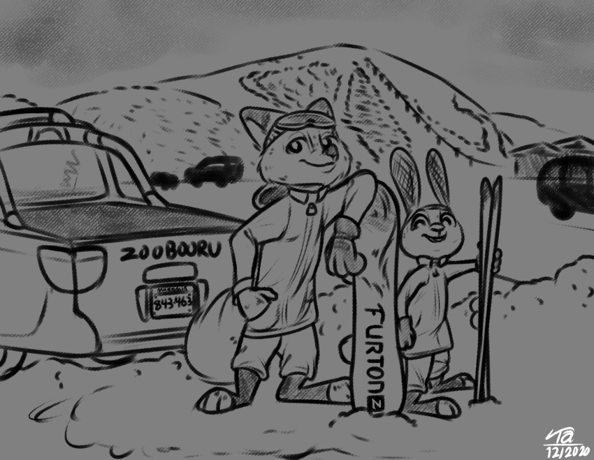 anthro canid canine car clothing disney duo eyewear female fox gloves goggles handwear hat headgear headwear hi_res jacket judy_hopps lagomorph leporid male mammal mountain nick_wilde rabbit ski snow snowboard tangerine_(artist) text topwear vehicle zootopia