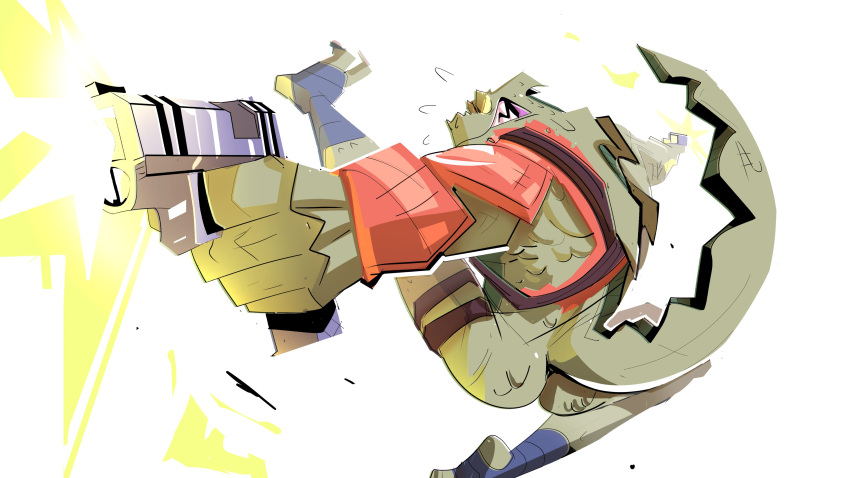 2023 absurd_res anthro back_muscles biceps bodily_fluids butt digital_media_(artwork) dragon epic_games flying_sweatdrops fortnite galanartworks green_body green_scales gun hi_res hybrid_(fortnite) male muscular muscular_anthro muscular_male ranged_weapon scales scalie shooting simple_background solo sweat sweatdrop tail teeth weapon white_background wingless_dragon