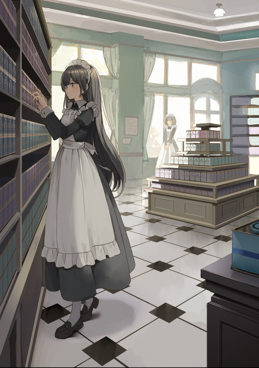 2girls apron black_dress black_footwear black_hair blush book bookshelf closed_mouth collared_dress commentary_request curtains day dress frilled_apron frills hands_up highres indoors juliet_sleeves light_blush long_hair long_sleeves looking_away maid maid_apron maid_headdress multiple_girls original puffy_sleeves shii_(kairi-t-k0317) shoes solo_focus standing v_arms very_long_hair white_apron window