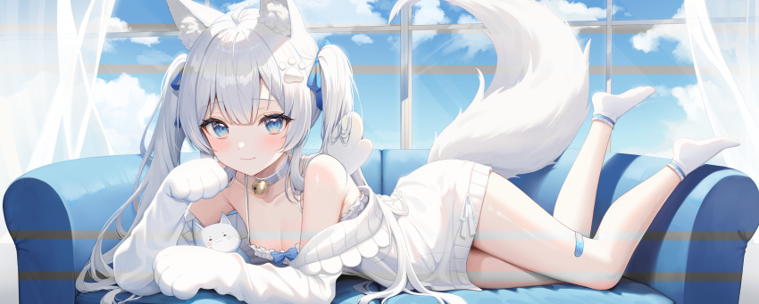 1girl absurdres ahoge animal_ears animal_hands bandaid bandaid_on_leg bare_legs bare_shoulders bell blue_eyes breasts camisole choker cleavage closed_mouth collarbone couch day fox_ears fox_girl fox_tail full_body gloves hair_ribbon hand_up highres incredibly_absurdres jacket jingle_bell legs_up lethe_(lethe187) long_hair looking_at_viewer lying off_shoulder on_couch on_stomach original paw_gloves ribbed_jacket ribbon shirt small_breasts smile socks solo spaghetti_strap tail tail_raised thighs twintails very_long_hair white_choker white_hair white_jacket white_shirt white_socks