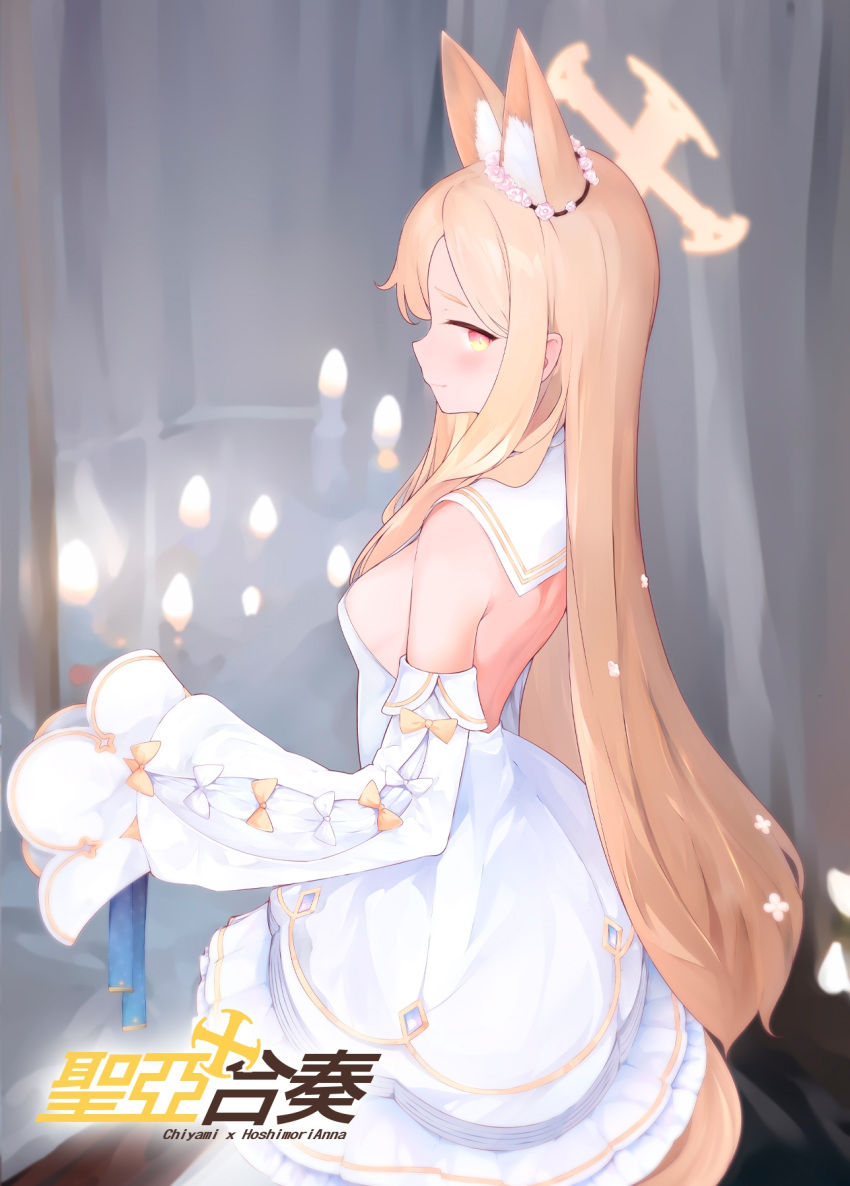 1girl animal_ear_fluff animal_ears bare_shoulders blonde_hair blue_archive blush breasts candle chiyami detached_sleeves dress flower forehead fox_ears gradient_eyes hair_flower hair_ornament halo highres long_hair looking_at_viewer multicolored_eyes parted_bangs sailor_collar seia_(blue_archive) sidelocks sleeves_past_fingers sleeves_past_wrists small_breasts smile solo white_dress white_sailor_collar yellow_eyes