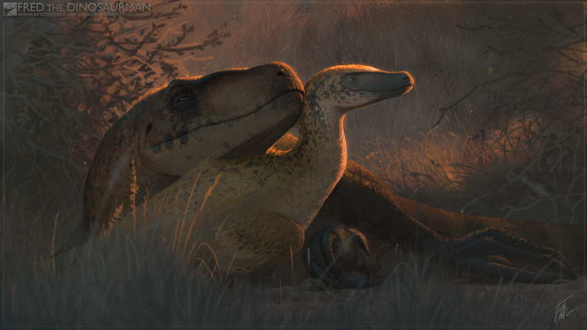 ambiguous_gender claws cuddling dinosaur dromaeosaurid duo feathered_dinosaur feathers feral fredthedinosaurman grass half-closed_eyes hi_res jurassic_park jurassic_world narrowed_eyes outside plant reptile resting scales scalie shrub sickle_claw size_difference theropod universal_studios velociraptor