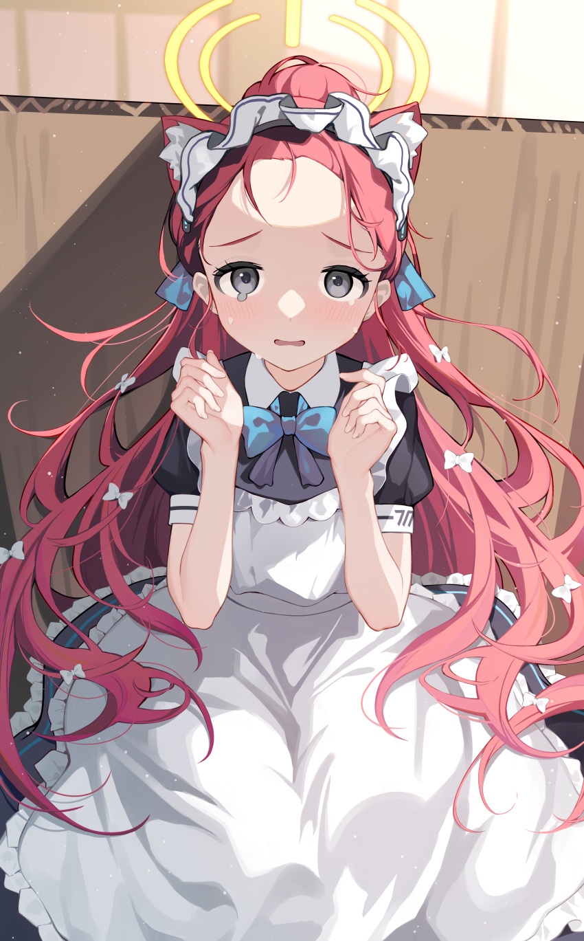 1girl absurdres animal_ear_fluff animal_ears apron black_dress blue_archive blue_bow blue_bowtie blush bow bowtie cat_ears collared_dress commentary_request crying dress hair_bow halo hands_up highres long_hair looking_at_viewer looking_back maid maid_apron maid_headdress official_alternate_costume open_mouth pink_hair ponytail puffy_short_sleeves puffy_sleeves ratto_(ratto_channel) short_sleeves solo white_apron white_bow yellow_halo yuzu_(blue_archive) yuzu_(maid)_(blue_archive)