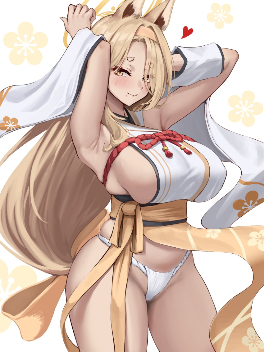 1girl animal_ears armpits arms_up blonde_hair blue_archive breasts closed_mouth clothes_lift cowboy_shot detached_sleeves duchessofarmeria fox_ears fundoshi hairband heart highres huge_breasts japanese_clothes kaho_(blue_archive) kimono mole mole_under_mouth pelvic_curtain short_eyebrows sideboob skindentation skirt skirt_lift smile solo thick_eyebrows thighs wide_sleeves yellow_eyes yellow_hairband yellow_kimono