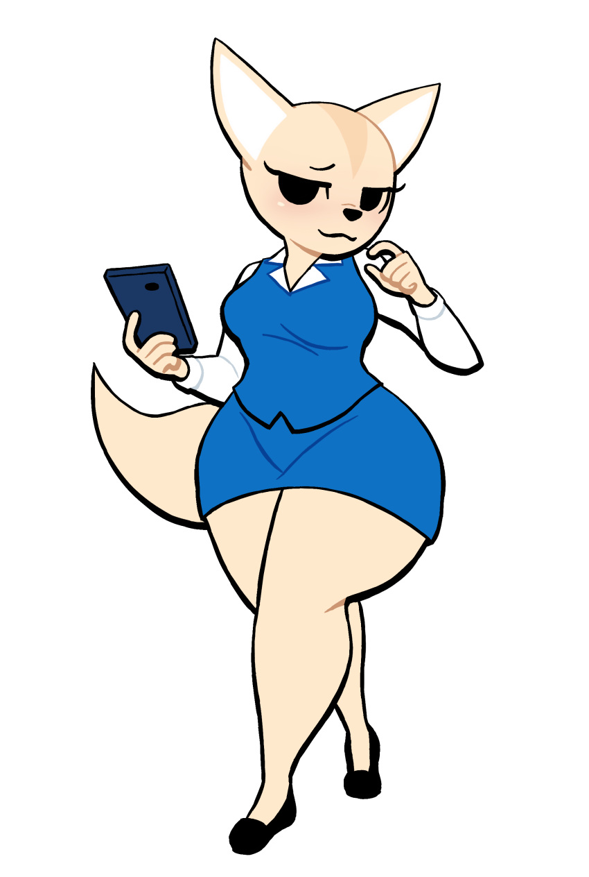 2023 absurd_res aggressive_retsuko anthro black_eyes bottomwear canid canine clothing female fennec fenneko fox fur hi_res lovetopullmicke mammal pencil_skirt phone sanrio simple_background skirt solo tan_body tan_fur thick_thighs white_background wide_hips