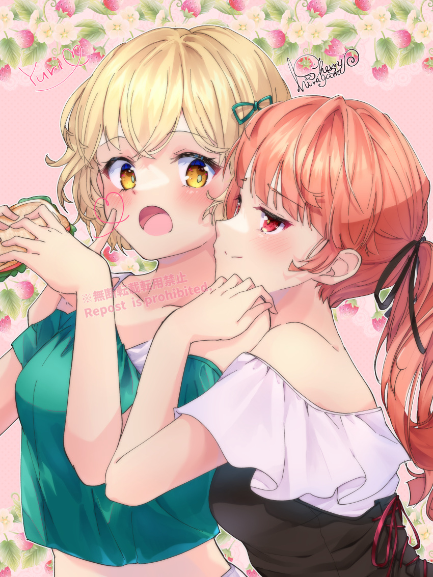 2girls absurdres black_ribbon black_shirt blonde_hair bread closed_mouth crop_top food green_shirt hair_ornament hair_ribbon highres hiragana_sherry long_hair midriff multiple_girls open_mouth original ponytail red_eyes red_hair ribbon sandwich shirt smile stomach vegetable yellow_eyes