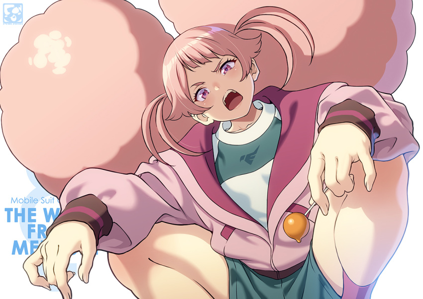 1girl afro_puffs alternate_costume candy chuatury_panlunch english_text food gundam gundam_suisei_no_majo gym_uniform jacket kneeling lollipop looking_at_viewer open_clothes open_jacket pairan pink_eyes pink_hair solo_focus white_background