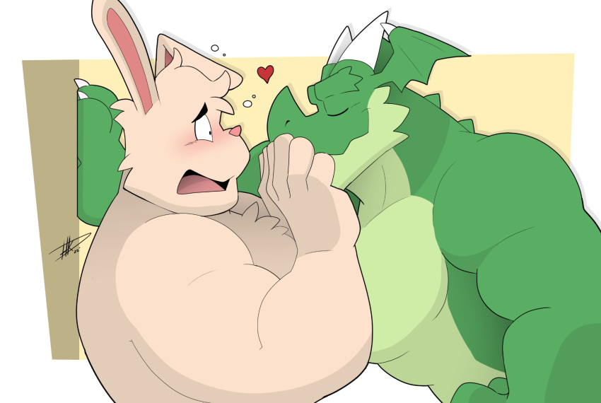 &lt;3 anthro biceps chest_tuft cornered dragon duo green_body hi_res hikazedragon horn lagomorph leporid male mammal muscular muscular_anthro muscular_male pecs rabbit rg01_(undertale) rg02_(undertale) scalie shy tuft undertale_(series)