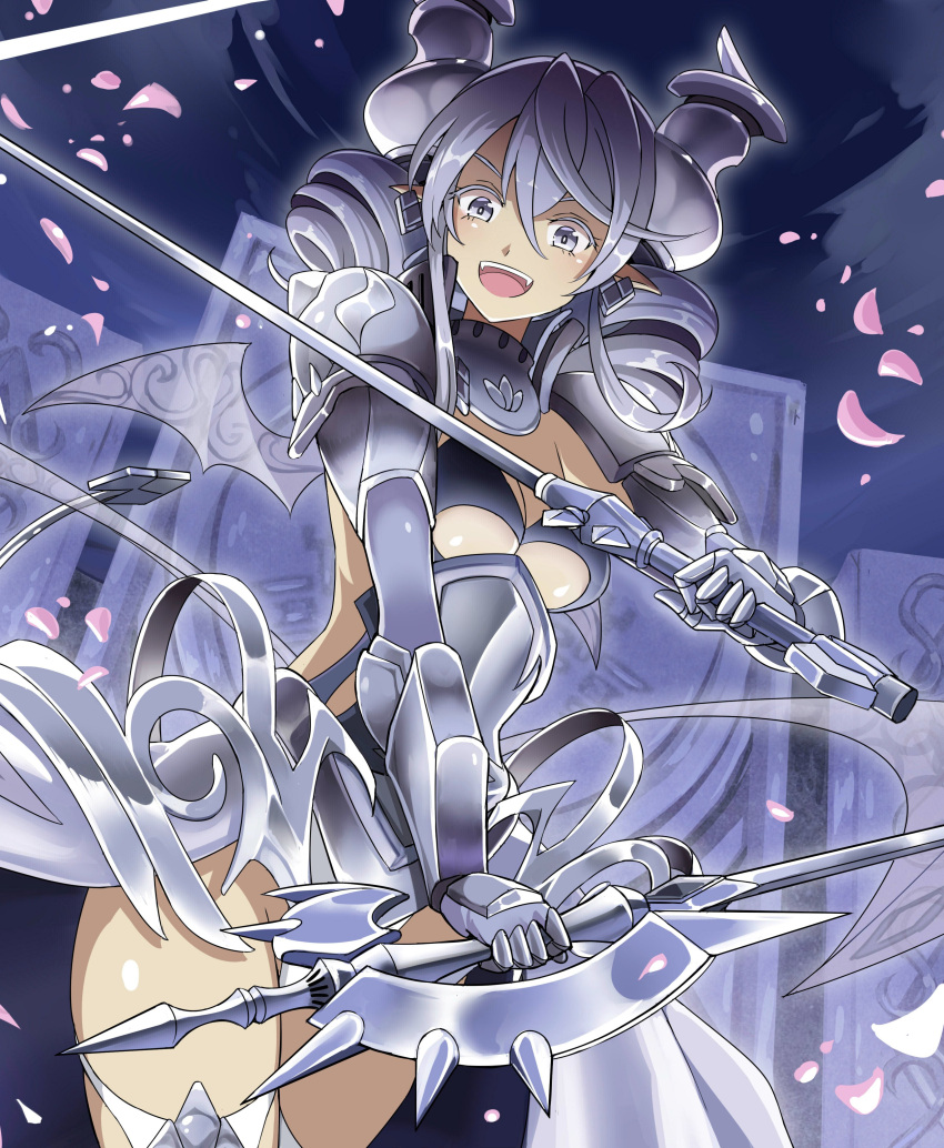 1girl absurdres armor armored_leotard breasts cleavage demon_girl demon_horns demon_wings dual_wielding duel_monster gauntlets grey_eyes grey_hair hair_between_eyes highres holding holding_sword holding_weapon horns lady_labrynth_of_the_silver_castle large_breasts looking_at_viewer lovely_labrynth_of_the_silver_castle pointy_ears solo sudhiro_sappurisa sword transparent_wings twintails weapon wings yu-gi-oh!