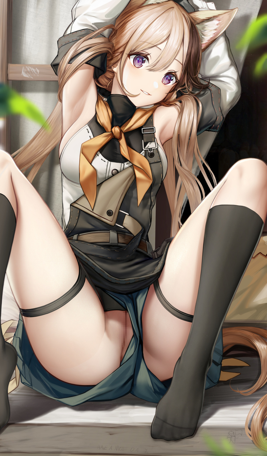 1girl absurdres animal_ear_fluff animal_ears argyle argyle_legwear arknights armpits arms_up black_socks brown_hair cardigan_(arknights) cardigan_(sunny_day)_(arknights) censored detached_sleeves feet foot_out_of_frame grey_shorts hair_between_eyes highres kneehighs knees_up legs long_hair long_sleeves looking_at_viewer mosaic_censoring multicolored_hair no_panties no_shoes nopetroto parted_lips purple_eyes pussy revision shirt short_shorts shorts sleeveless sleeveless_shirt smile socks solo spread_legs streaked_hair tail thigh_strap toes upshorts very_long_hair white_shirt white_sleeves