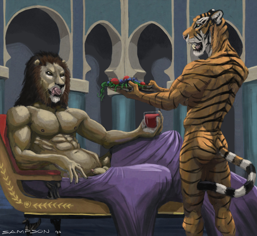 2022 5_fingers abs alcohol animal_genitalia anthro athletic athletic_anthro athletic_male beverage black_nose black_stripes brown_mane butt claws duo fangs felid finger_claws fingers food fur genitals humanoid_hands inside licking licking_lips lion male male/male mammal mane multicolored_body multicolored_fur muscular muscular_anthro muscular_male navel nipples nude orange_body orange_fur pantherine pecs penis penis_tip pink_nose sampsonwoof serving_tray sheath signature standing story story_in_description striped_body striped_fur stripes tan_body tan_fur teeth tiger tongue tongue_out two_tone_body two_tone_fur white_body white_fur wine