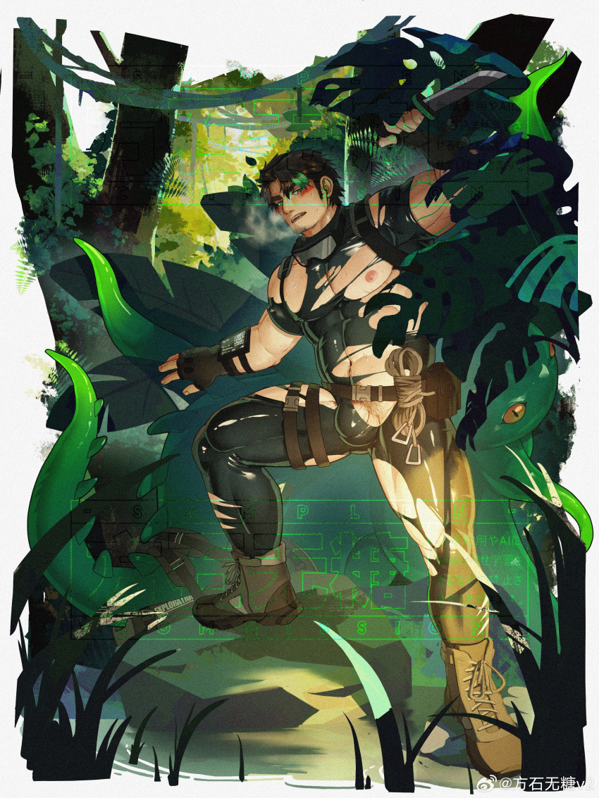 1boy absurdres bara bare_pectorals black_bodysuit blush bodysuit boots bulge covered_abs covered_penis dagger forest full_body goatee_stubble green_hair green_theme highres holding holding_dagger holding_knife holding_weapon knife large_pectorals latex latex_bodysuit leather leg_belt legs_apart long_sideburns looking_at_viewer male_focus mature_male monster multicolored_hair muscular muscular_male nature navel navel_hair nipples open_mouth original outstretched_arms pectorals penis penis_peek rope sample_watermark seductive_smile sharp_teeth shiny_clothes short_hair sideburns smile solo spread_arms streaked_hair strongman_waist teeth tentacles thick_eyebrows thick_thighs thighs weapon wrinkled_fabric wutang