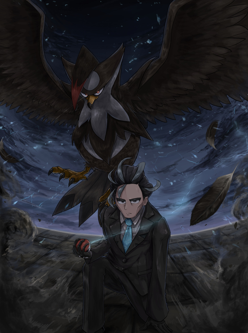 1boy absurdres bird black_eyes black_hair black_jacket black_pants blue_necktie ekaki_panda feathers flying grey_hair grey_shirt highres holding holding_poke_ball jacket larry_(pokemon) looking_at_viewer male_focus multicolored_hair necktie night on_one_knee outdoors pants poke_ball poke_ball_(basic) pokemon pokemon_(game) pokemon_sv shirt staraptor two-tone_hair