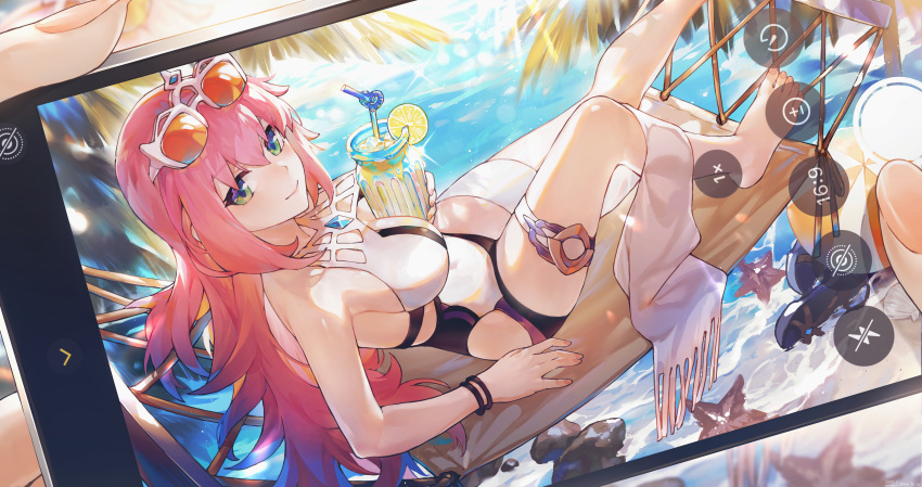 1girl absurdres bare_shoulders barefoot breasts character_request closed_mouth cup eyebrows_hidden_by_hair eyewear_on_head foot_out_of_frame green_eyes highres holding holding_cup large_breasts long_hair looking_at_viewer nail_polish ocean pink_hair smile sunglasses swimsuit swkl:d thigh_strap world_flipper