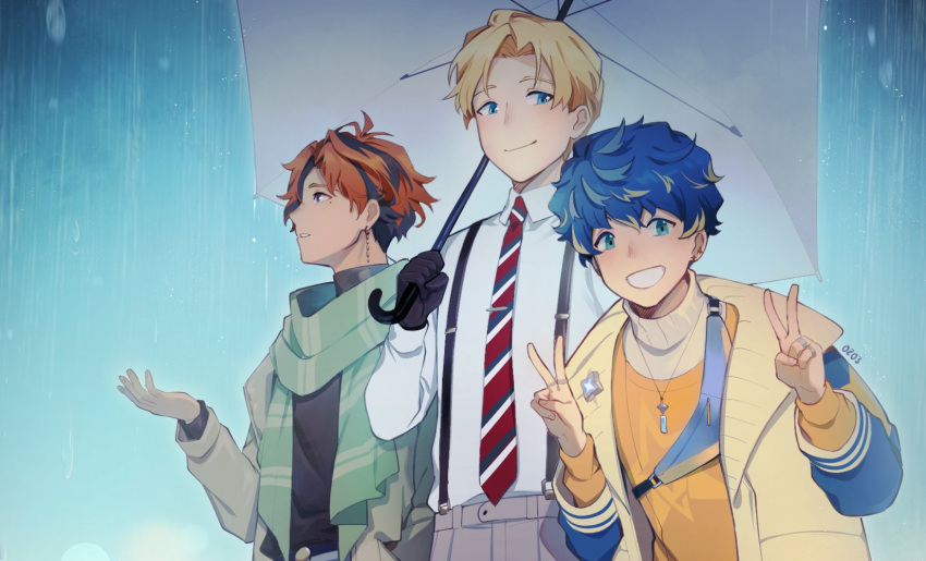 3boys aqua_eyes astel_leda badge black_gloves black_hair black_shirt blonde_hair blue_background blue_eyes blue_hair button_badge coat collared_shirt double_v earrings fanny_pack gloves green_scarf grey_coat grey_pants grin hair_between_eyes hand_in_pocket hand_up highres holding holding_umbrella holostars jacket jewelry kishido_temma letterman_jacket looking_at_viewer looking_to_the_side male_focus mole mole_under_eye mono_(bluesky) multicolored_hair multiple_boys multiple_rings necktie official_alternate_costume open_clothes open_jacket orange_hair orange_shirt pants parted_bangs parted_lips pendant profile purple_eyes rain red_necktie ring scarf shared_umbrella shirt short_hair smile streaked_hair striped striped_necktie striped_scarf suntempo suspenders sweater tie_clip turtleneck turtleneck_sweater umbrella upper_body v virtual_youtuber white_shirt white_sweater yellow_jacket yukoku_roberu