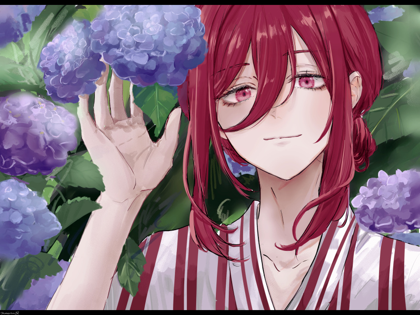 1boy androgynous blue_lock chigiri_hyoma flower hair_between_eyes haori_(akyx2332) highres hydrangea long_bangs male_focus medium_hair purple_flower red_eyes red_hair short_sleeves sidelocks solo striped