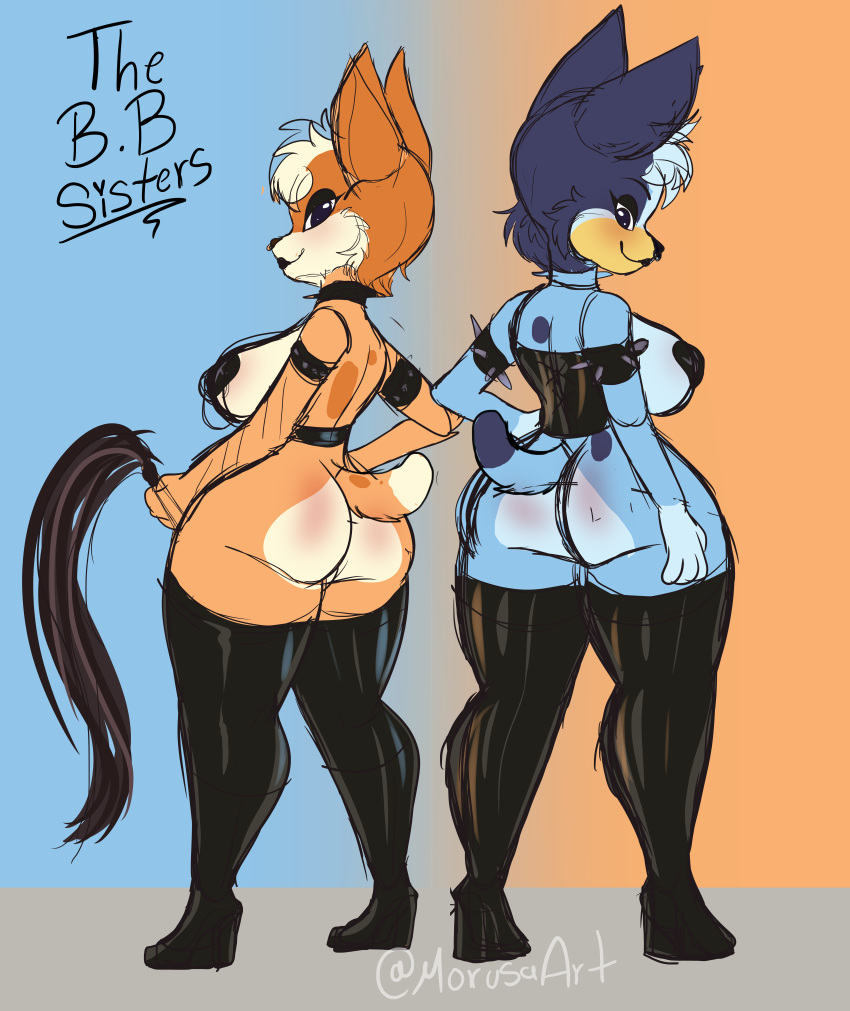 absurd_res anthro big_butt bingo_heeler bluey_(series) bluey_heeler butt canid canine canis domestic_dog dominant dominant_female duo female female/female hi_res latex makeup mammal morusaart nipples whip