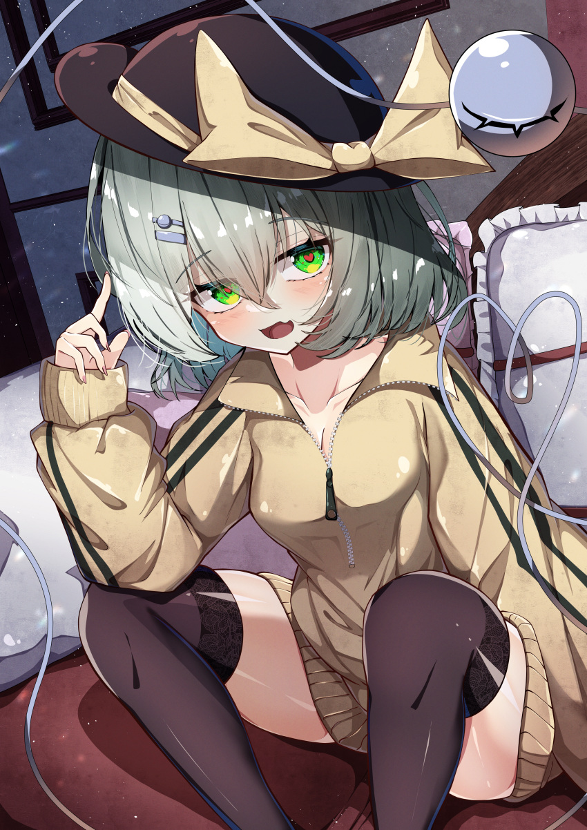 1girl absurdres black_headwear black_thighhighs blush bow breasts commentary_request dfra eyeball feet_out_of_frame frilled_pillow frills green_eyes green_hair hair_between_eyes hand_up hat hat_bow heart heart-shaped_pupils heart_of_string highres indoors knees_up komeiji_koishi long_sleeves looking_at_viewer medium_hair no_pants open_mouth partially_unzipped pillow sitting solo sweater symbol-shaped_pupils thighhighs third_eye touhou yellow_bow yellow_sweater zipper_pull_tab