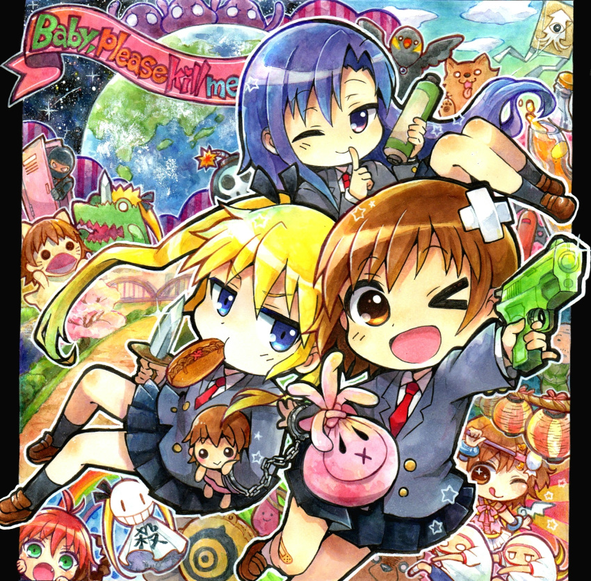 &gt;_o 4girls alien bag bandaid bandaid_on_leg bird black_ribbon black_skirt black_socks blonde_hair blue_eyes bomb brown_footwear brown_hair character_doll cloud cuffs dog doll doradorakingyo earth_(planet) english_text explosive finger_to_mouth food food_in_mouth glass_bottle goshiki_agiri green_eyes grey_jacket gun hand_puppet handcuffs handgun highres holding holding_bag holding_doll holding_knife holding_scroll holding_water_gun hot_dog jacket kill_me_baby kill_me_dance knife long_braid long_hair multiple_girls necktie ninja noodles one_eye_closed oribe_yasuna planet puppet purple_hair red_hair red_necktie ribbon scroll shushing skirt socks sonya_(kill_me_baby) stuffed_animal stuffed_toy teddy_bear teruterubouzu twintails unused_character_(kill_me_baby) water_gun weapon white_socks