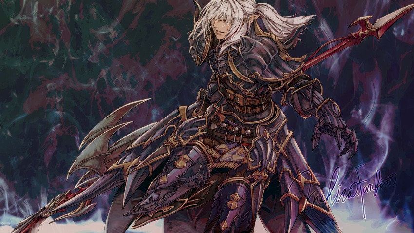 1boy armor armored_boots boots elezen elf estinien_varlineau final_fantasy final_fantasy_xiv gauntlets grey_hair highres holding holding_polearm holding_weapon lance long_hair male_focus mihira_(tainosugatayaki) pauldrons pointy_ears polearm shoulder_armor signature solo weapon