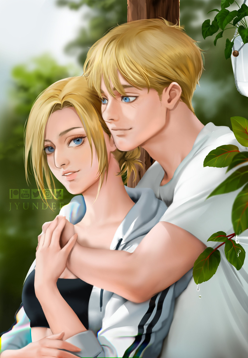 1boy 1girl absurdres annie_leonhardt armin_arlert blonde_hair blue_eyes breasts highres hug hug_from_behind jyundee leaf long_hair long_sleeves looking_at_another medium_breasts parted_lips realistic shingeki_no_kyojin shirt short_hair short_sleeves smile t-shirt white_shirt