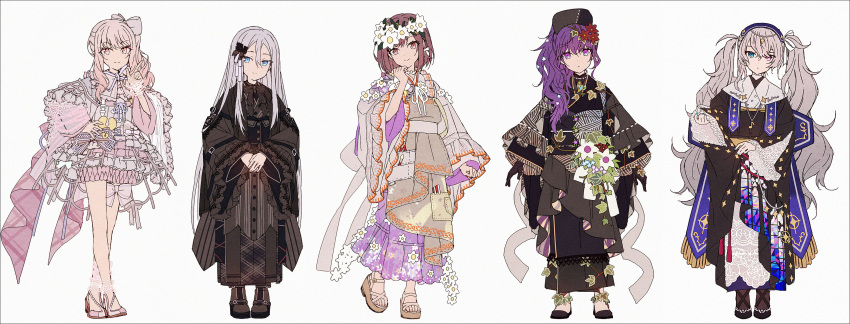 25-ji_miku 5girls akiyama_mizuki asahina_mafuyu black_dress black_footwear black_gloves black_headwear black_kimono blue_eyes blue_nails bow brown_eyes brown_footwear brown_hair closed_mouth crossed_legs dress floral_print flower flower_wreath frilled_dress frills fringe_trim gloves grey_background grey_bow grey_dress grey_hair hair_between_eyes hair_bow hair_flower hair_ornament hair_over_one_eye hakusai_(tiahszld) hand_up hatsune_miku head_wreath heterochromia high_heels highres index_finger_raised itsuka_zetsubou_no_soko_kara_(project_sekai) japanese_clothes kimono long_hair long_sleeves maigo_no_te_o_hiku_sono_saki_wa_(project_sekai) mitasarenai_pale_color_(project_sekai) multiple_girls nail_polish obi own_hands_together pink_hair print_dress project_sekai purple_dress purple_eyes purple_hair red_eyes red_flower sandals sash secret_distance_(project_sekai) shinonome_ena shoes side_ponytail sidelocks simple_background sleeves_past_wrists smile standing twintails very_long_hair vocaloid wide_sleeves yoisaki_kanade