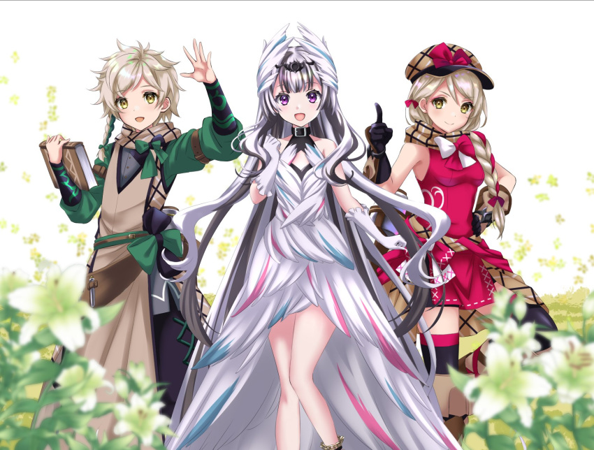 1boy 2girls black_choker black_gloves blonde_hair book braid choker clanne_(fire_emblem) dress feather_hair_ornament feathers fire_emblem fire_emblem_engage framme_(fire_emblem) gloves hair_ornament hat hat_ribbon highres holding holding_book kakiko210 long_hair long_sleeves looking_at_viewer multicolored_hair multiple_girls plaid purple_eyes ribbon scarf short_hair skirt sleeveless thighhighs two-tone_hair veyle_(fire_emblem) white_dress white_hair yellow_eyes