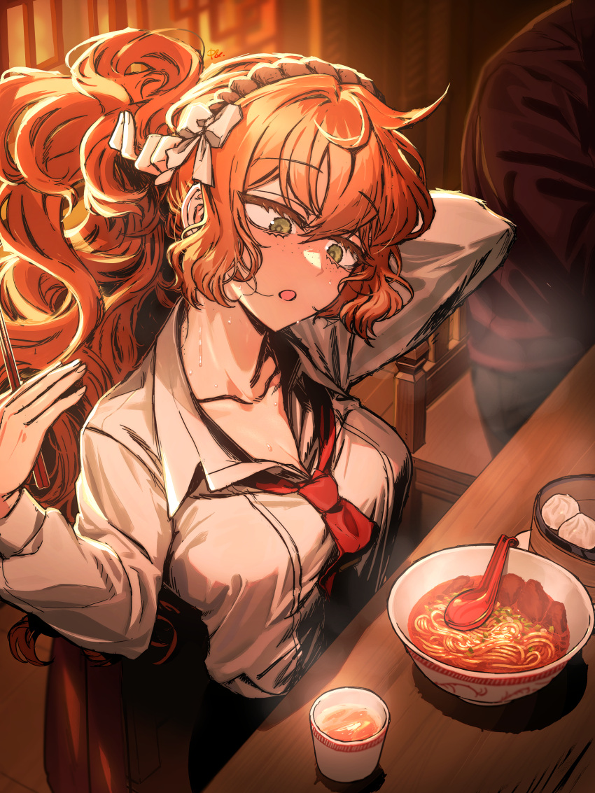1girl 1other bow bowl brown_hairband chopsticks collared_shirt commentary cup dumpling eating food freckles green_eyes hair_bow hairband highres holding holding_chopsticks holding_hair indoors ishmael_(limbus_company) jacket jacket_removed limbus_company long_hair long_sleeves necktie noodles open_mouth orange_hair paulandcookie project_moon red_jacket red_necktie shirt sidelocks signature sitting solo_focus sweat very_long_hair white_shirt