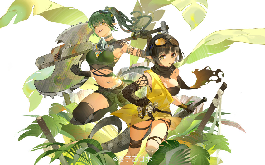 2girls absurdres arm_tattoo armor axe belt black_footwear black_gloves black_hair black_scarf black_shirt black_shorts black_thighhighs black_tube_top boots breasts canteen chinese_commentary choker cleavage clenched_hand crop_top dagger dreadlocks elbow_gloves facial_mark gloves goggles goggles_on_head greaves green-tinted_eyewear green_choker green_hair green_shorts green_tank_top hair_rings highres holding holding_axe holding_dagger holding_knife holding_weapon jewelry knee_boots knife lizard_tail long_hair looking_at_viewer mask mask_around_neck medium_breasts midriff multiple_girls navel necklace o-ring o-ring_belt open_mouth orange-tinted_eyewear original plant pointy_ears respirator scarf shirt short_hair shorts smile stomach stomach_tattoo strapless tail tank_top tattoo teeth thighhighs tinted_eyewear torn_clothes torn_gloves torn_scarf torn_shirt torn_shorts tube_top upper_teeth_only weapon weibo_logo weibo_username white_background yellow_tunic ziyiganmu