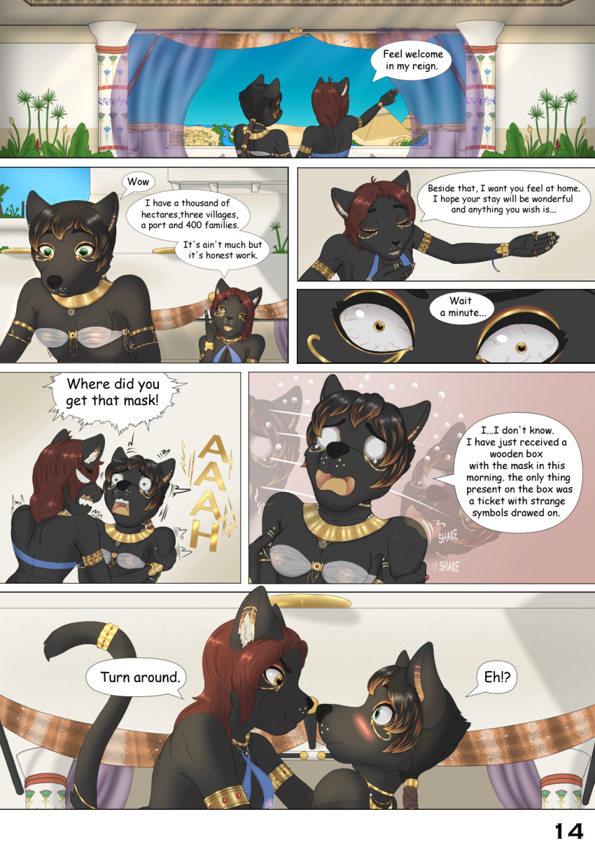 anthro bast canid canine canis clothing comic deity dialogue domestic_cat domestic_dog duo egyptian egyptian_cat egyptian_clothing egyptian_god egyptian_mythology eli_nygma english_text felid feline felis female female/female gold_(metal) harem_jewelry harem_outfit hi_res jewelry mammal middle_eastern_mythology mythology shiba_inu speech_bubble spitz text translucent translucent_clothing yoko_ishimura_(exotic_desires)