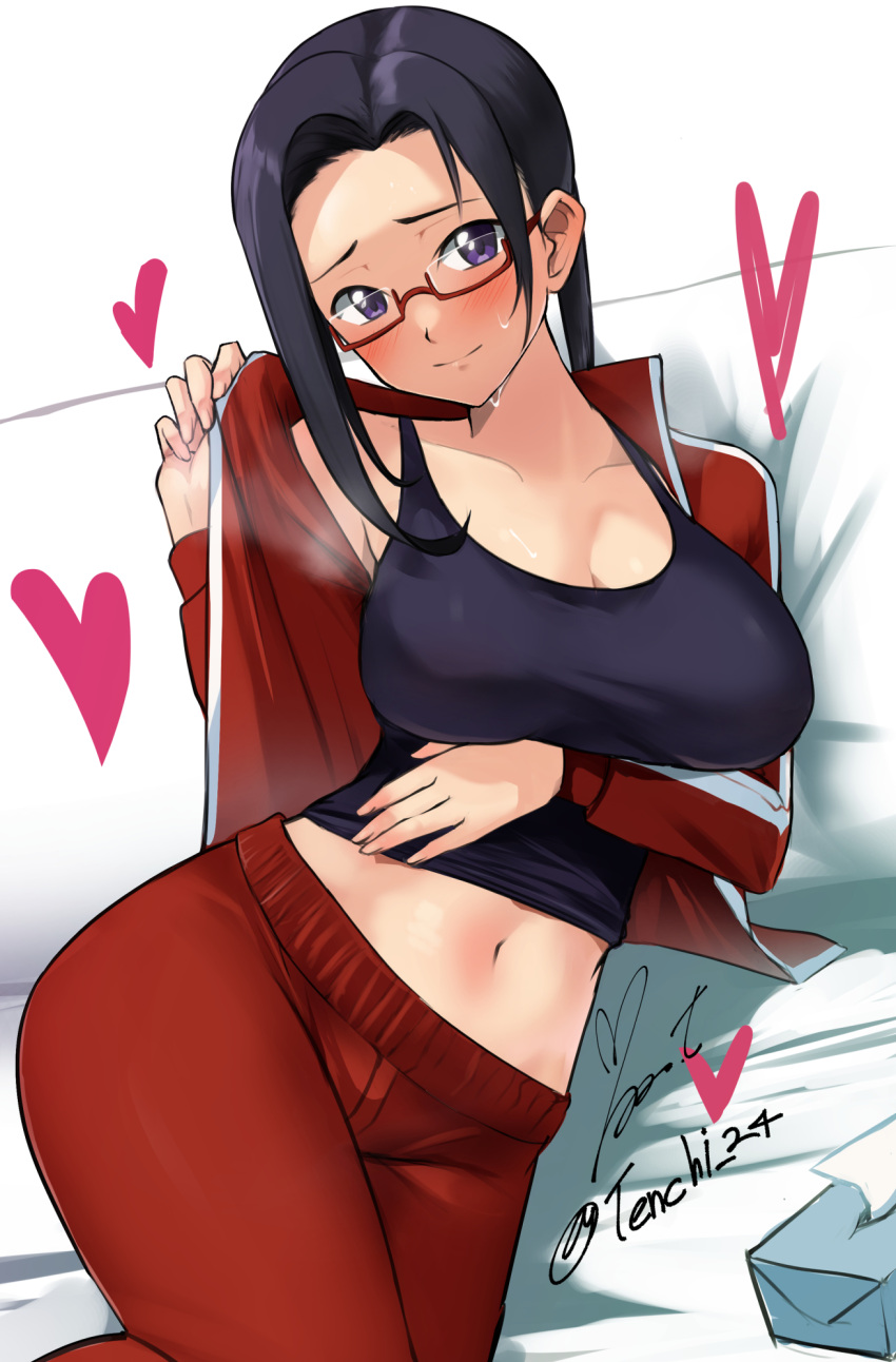 1girl arm_under_breasts black_hair black_tank_top blush breasts closed_mouth crop_top demi-chan_wa_kataritai forehead glasses heart highres jacket large_breasts looking_at_viewer lying midriff navel on_side open_clothes open_jacket panties pants purple_eyes raised_eyebrows red-framed_eyewear red_jacket red_panties satou_sakie sidelocks smile solo stomach sweat tank_top tissue_box track_jacket track_pants underwear yoo_tenchi