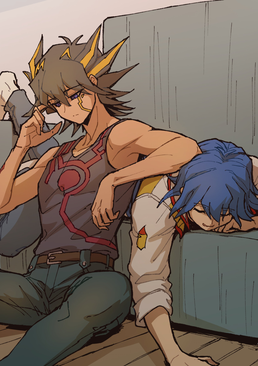 2boys absurdres belt black_hair black_shirt black_tank_top blue_eyes blue_hair bruno_(yu-gi-oh!) closed_eyes couch denim elbow_on_another's_head elbow_rest floor fudou_yuusei half-closed_eyes hand_up head_on_hand highres indoors jacket jeans leather_belt lying male_focus multicolored_hair multiple_boys on_couch on_floor on_stomach open_mouth pants scratching_head shirt short_hair sitting sleeping sleepy socks spiked_hair streaked_hair tank_top twilight white_jacket white_socks wooden_floor youko-shima yu-gi-oh! yu-gi-oh!_5d's