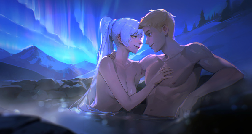 1boy 1girl absurdres aurora blue_eyes breasts closed_mouth commentary couple face-to-face hand_on_another's_chest hetero high_ponytail highres jaune_arc limart long_hair looking_at_another night night_sky onsen partially_submerged ponytail rwby short_hair sky small_breasts symbol-only_commentary toned toned_male very_long_hair water weiss_schnee white_hair