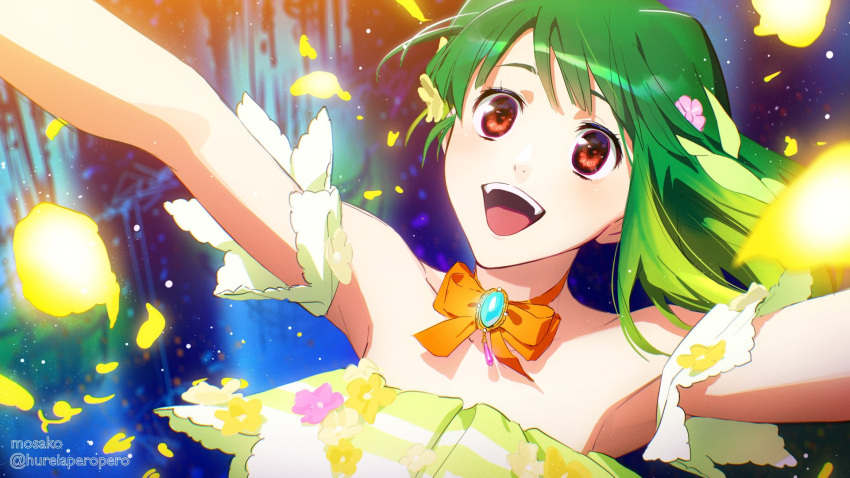 1girl :d armpits bow_choker choker detached_sleeves flower green_hair hair_flower hair_ornament highres looking_up macross macross_frontier macross_frontier:_toki_no_meikyu mosako multicolored_hair orange_choker outstretched_arms ranka_lee red_eyes smile solo twitter_username two-tone_hair yellow_flower