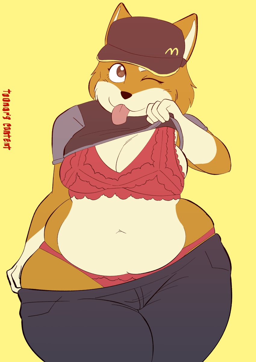 absurd_res anthro canid canine canis clothed clothing doge dogelore domestic_dog female hi_res lingerie lingerie_panties mammal mcdonald's meme partially_clothed shiba_inu spitz tagme toonarscontent
